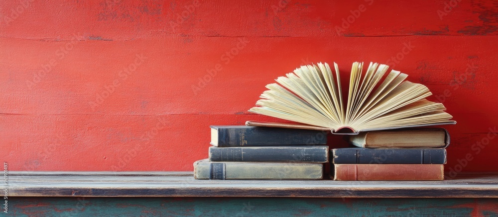 Poster arrangement of vintage hardback books a diary and fanned pages on a wooden deck table with a red bac