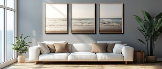 Minimalist Living Room Interior with Ocean Themed Artwork and White Sofa