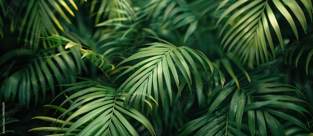 Poster close up cropped green palm leaves. with copy space image. place for adding text or design