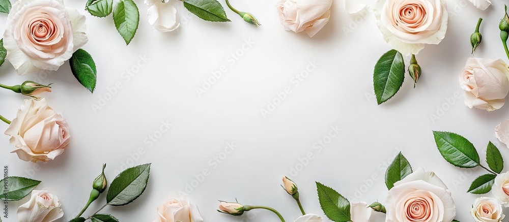 Poster Composition of roses and decorative accents arranged in a frame flat lay top view. with copy space image. Place for adding text or design