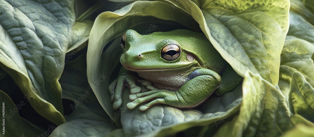 Poster green tree frog concealed within a green mayapple plant. with copy space image. place for adding tex