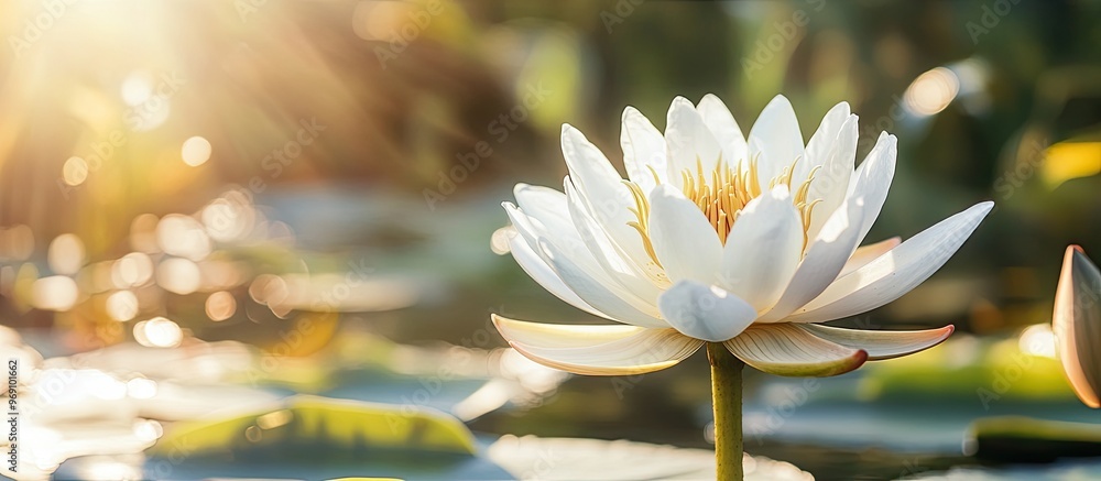 Aufkleber White lotus flower or water lily illuminated by morning sunlight in the background. with copy space image. Place for adding text or design