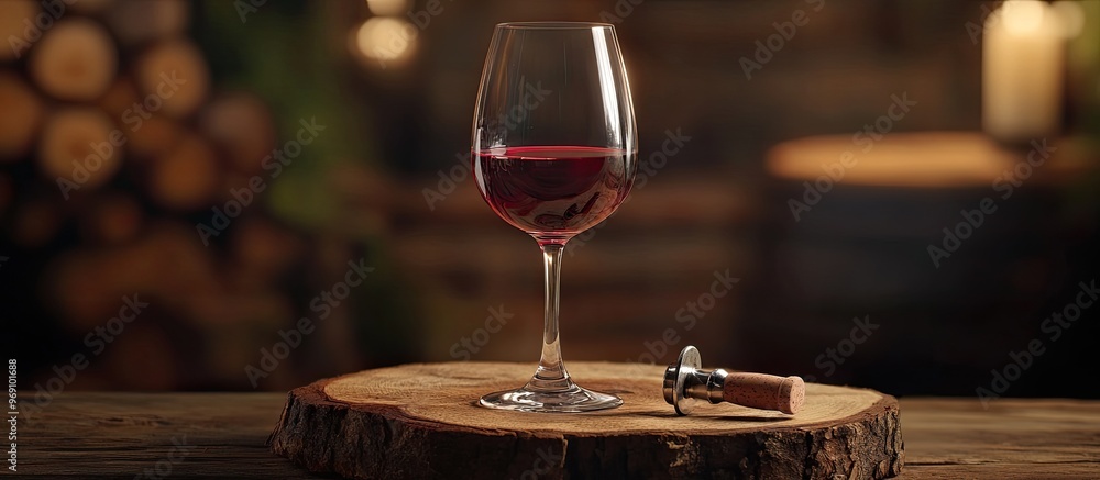 Poster an old corkscrew rests on a wood slice with a blurred glass of red wine on a wooden table and a brow