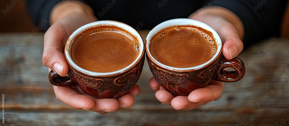 Aufkleber Cups of Turkish coffee held in hands Selective focus Beverage. with copy space image. Place for adding text or design