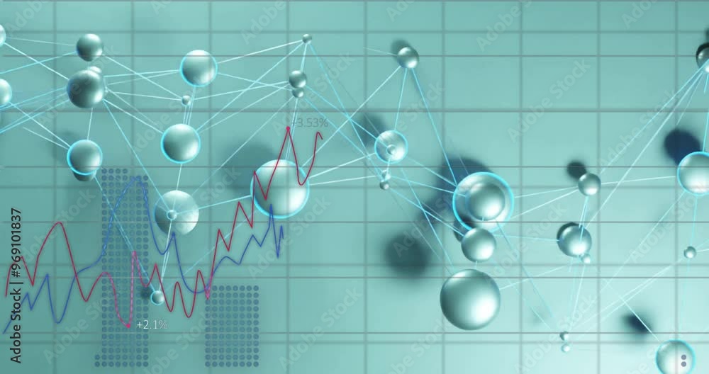Poster animation of financial data processing and network of connections with icons on grey background