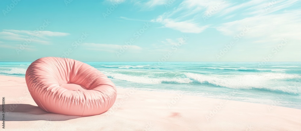 Poster summer pink beach with a cozy pink seat cushion on the sand. with copy space image. place for adding
