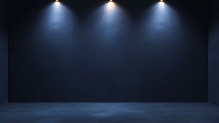 Deep indigo wall with a warm spotlight shining from above at a wide angle, leaving space for text or clean design with an inviting glow.
