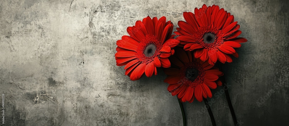 Poster two lovely red gerbera flowers retro vintage photograph featuring scratches black and white mixed me