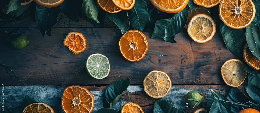 Poster vintage camera and dried citrus fruits against a dark green backdrop room for text. with copy space 