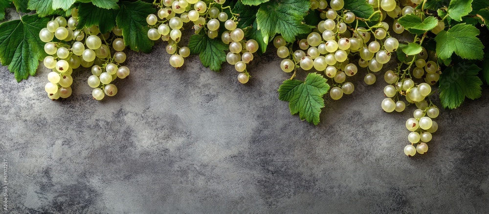 Poster Fresh white currant berries and green leaves on a gray textured table viewed from above Room for text. with copy space image. Place for adding text or design