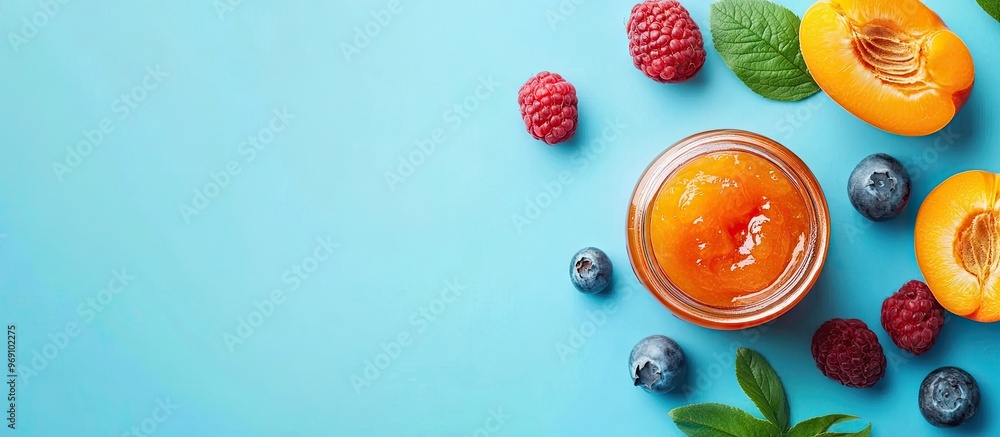 Aufkleber nutritious breakfast apricot jam in a jar next to fresh fruits on a blue background top view with co