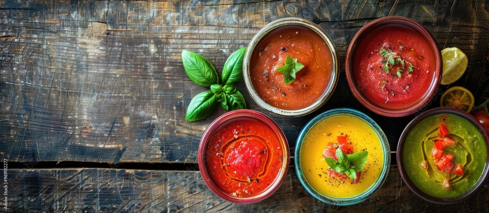 Poster colored bowls filled with tomato gazpacho soup are positioned in a corner on a wooden surface top vi