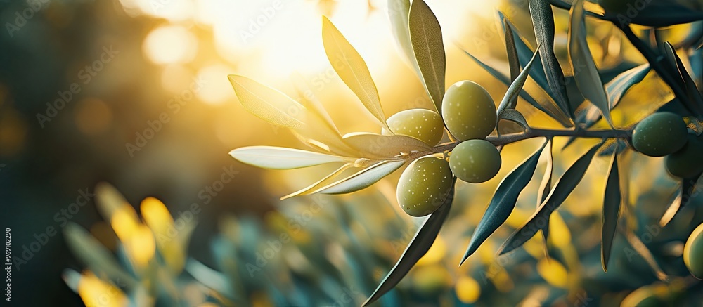 Aufkleber Olive tree leaves with fruits. with copy space image. Place for adding text or design