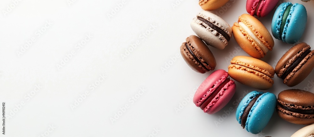 Fototapete Flat lay of macaroons on a white background with room for text. with copy space image. Place for adding text or design