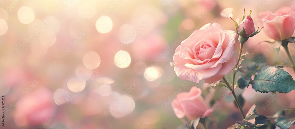 Poster close up of pink roses with a soft blur bokeh texture in vintage pastel colors for a background copy