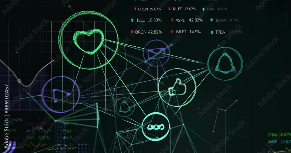 Poster animation of financial data processing and network of connections with icons on black background