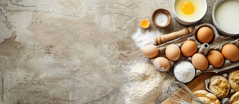 Aufkleber easter baking ingredients backdrop flour eggs milk sugar butter and baking utensils arranged on a st