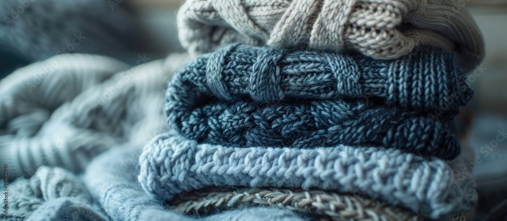 Poster A pile of stacked warm sweaters on a blue wooden surface Room for text. with copy space image. Place for adding text or design