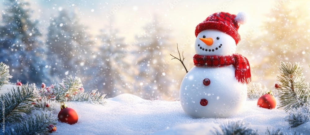 Poster Joyful snowman in a winter Christmas setting. with copy space image. Place for adding text or design