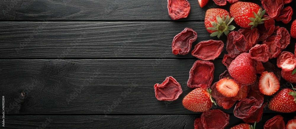 Fototapete freeze dried and fresh strawberries on a black wooden table top view area for text. with copy space 