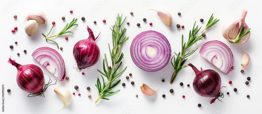 Poster red onions garlic rosemary and peppercorns isolated on a white background offering copy space for yo