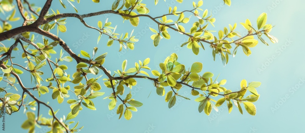 Poster spring branch with foliage against the sky. with copy space image. place for adding text or design