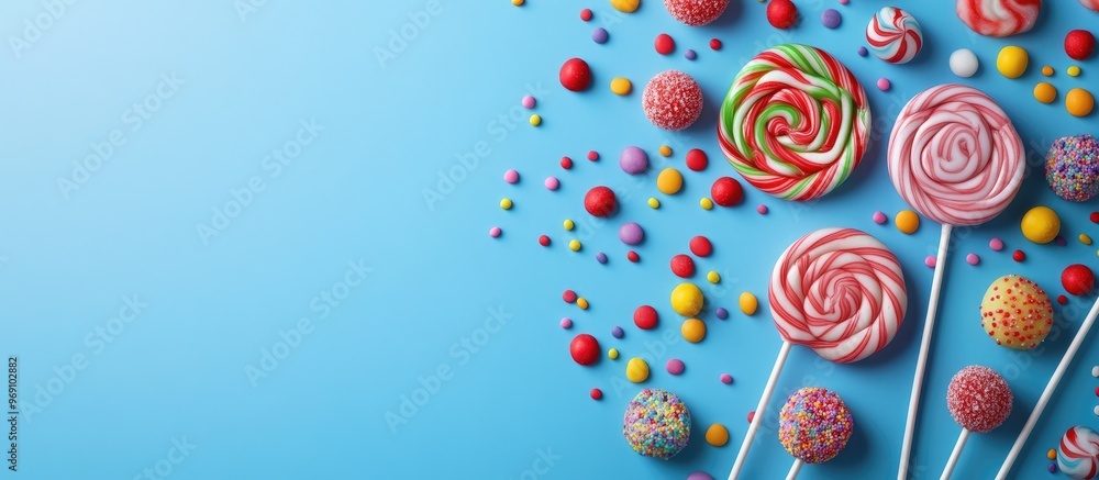 Leinwandbilder colorful sweet lollipops and candies on a blue background flat lay top view. with copy space image. 