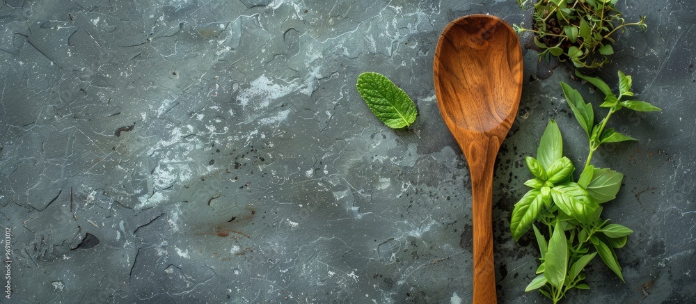 Leinwandbilder herbs and a wooden spoon on a gray slate background. with copy space image. Place for adding text or design