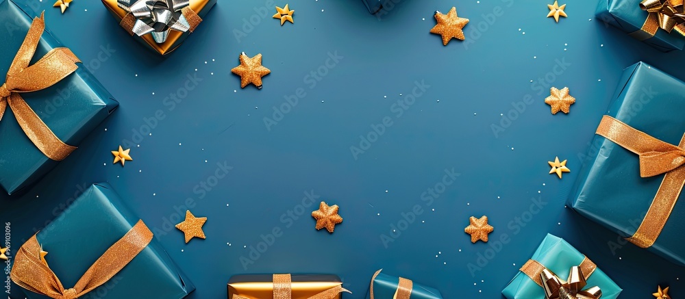 Aufkleber flat lay background for christmas or parties featuring gift boxes golden bows and stars flat lay top