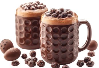 two mugs of chocolate with foam and balls. 