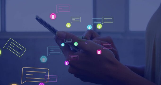 Animation of social media icons with speech bubbles over biracial woman using smartphone