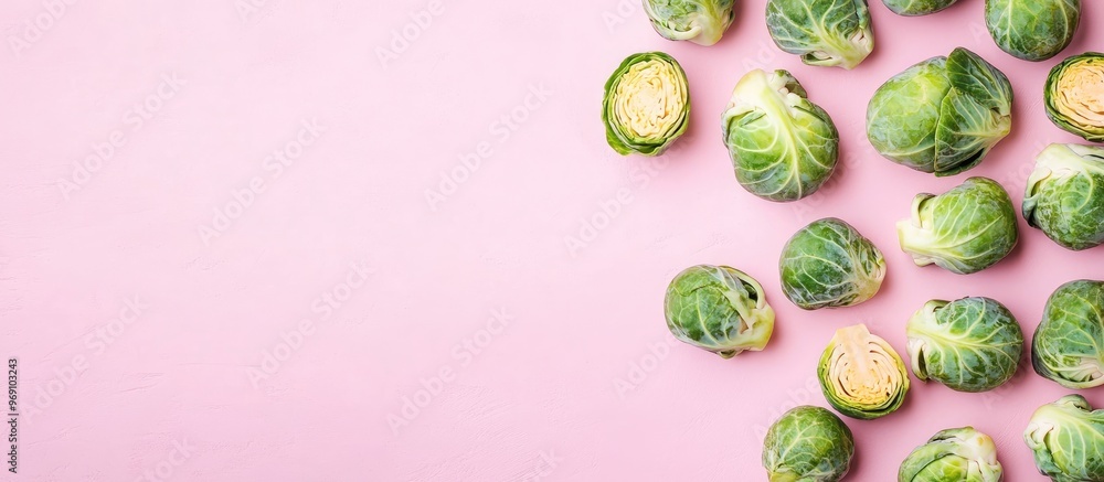 Poster fresh brussels sprouts on a pink background top view room for text. with copy space image. place for