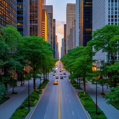 Urban Tranquility at Twilight: A City Street Scene at Dusk