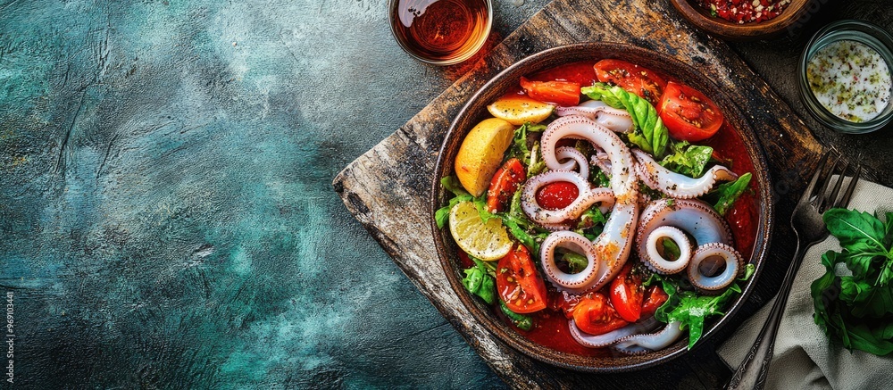 Aufkleber Squid with tomato sauce seafood salad a meal and an aperitif snack on the table with copyspace for food set against a rustic background from a top view
