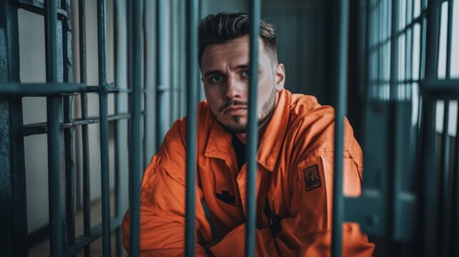 Thoughtful prisoner in an orange prison uniform gazes intently through cold metal bars of dim cell