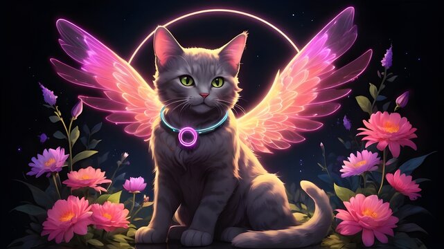 Futuristic illustration of neon winged cat in fantasy style, vibrant colors, cosmic theme