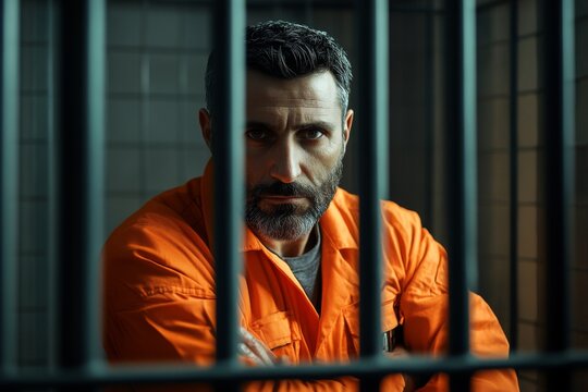 Thoughtful prisoner in an orange prison uniform gazes intently through cold metal bars of dim cell