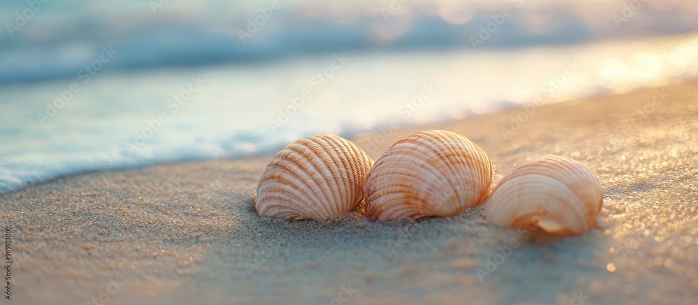 Aufkleber seashells on the beach on the sand. with copy space image. place for adding text or design