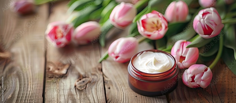 Poster face cream and body lotion accompanied by tulip flowers on a white wooden table background. with cop