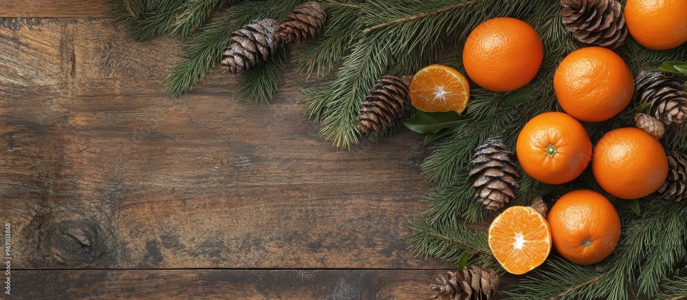 Poster Christmas decorations feature fir branches cones and tangerines on a wooden backdrop. with copy space image. Place for adding text or design