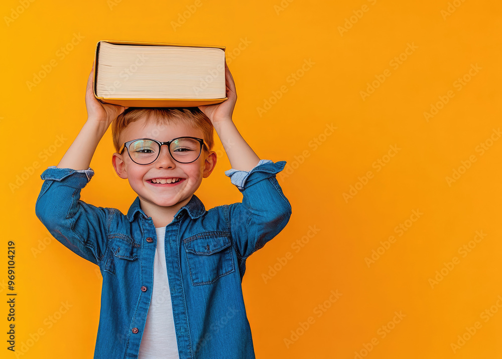 Poster A young boy with glasses and a blue shirt stands against a yellow background