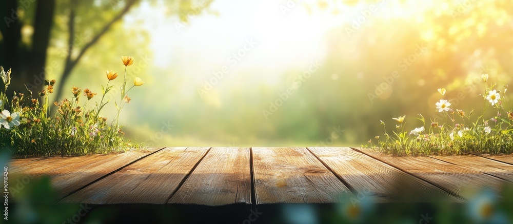 Leinwandbilder nature blurred background with wooden board. with copy space image. place for adding text or design