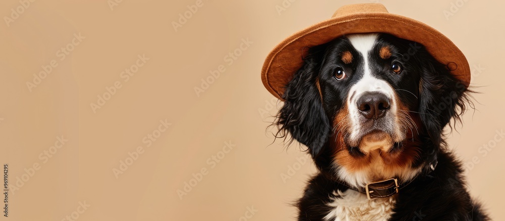 Poster Adorable Bernese mountain dog wearing a hat positioned on a beige background. with copy space image. Place for adding text or design