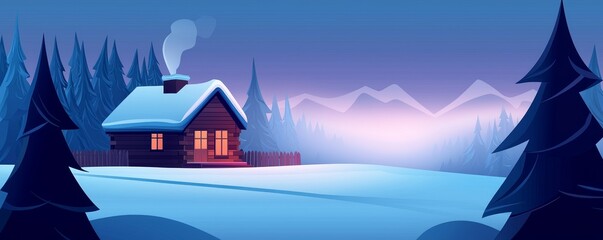A cozy cabin in a winter landscape, surrounded by snow-covered trees and majestic mountains under a twilight sky.