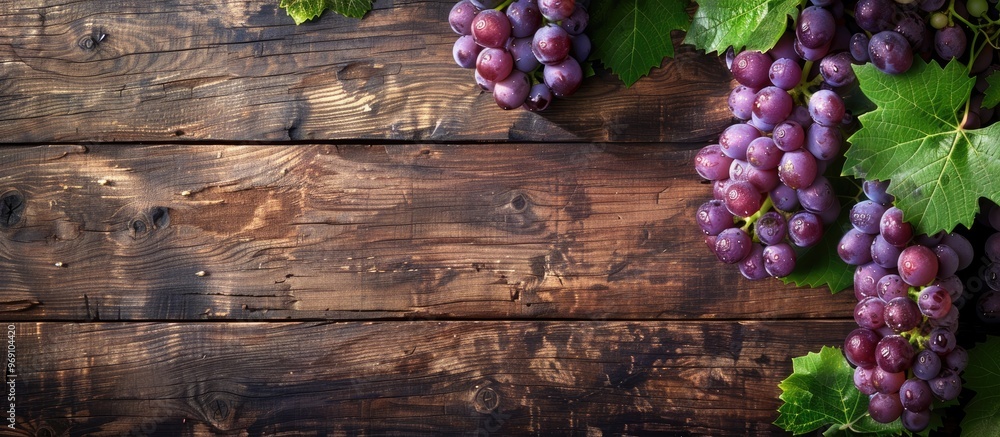 Poster grapes alongside a grapevine on a wooden surface top view with copyspace