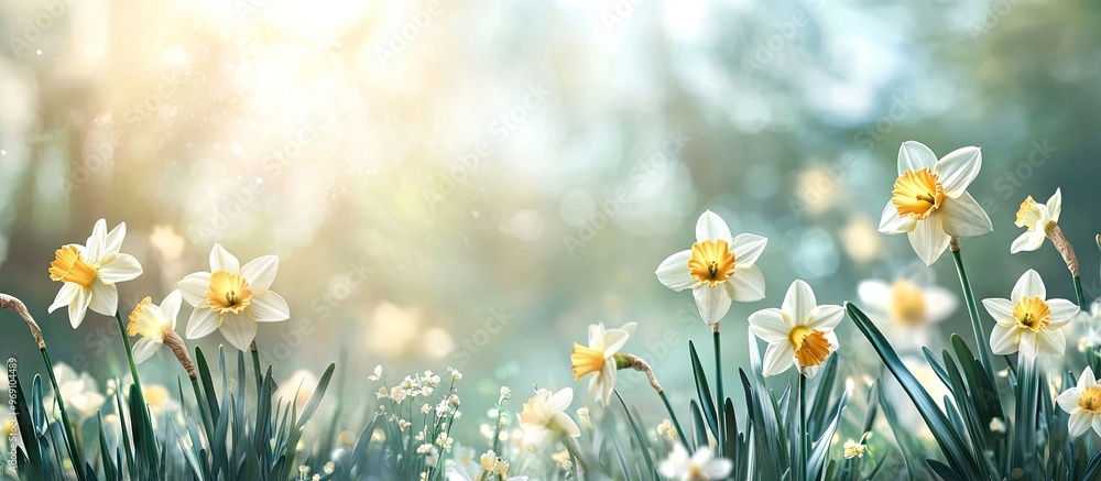 Fototapete daffodils blooming in springtime. with copy space image. place for adding text or design