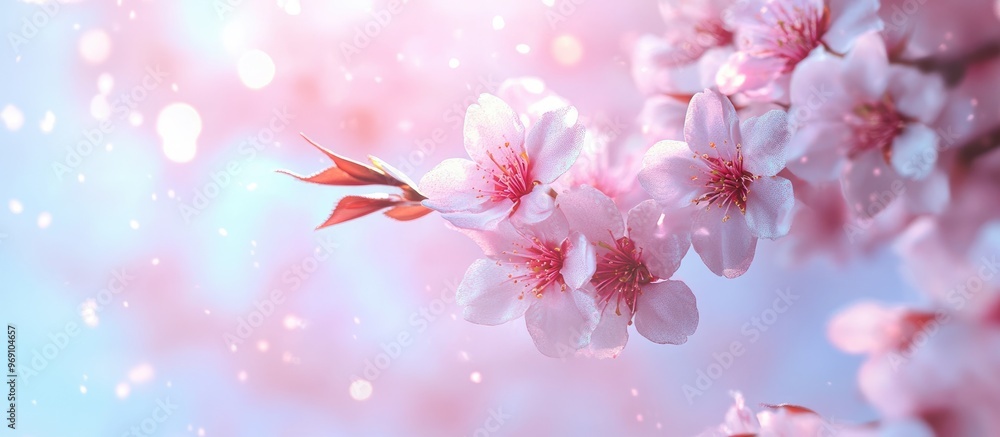 Poster stunning cherry blossoms in spring. with copy space image. place for adding text or design