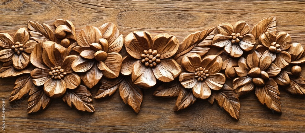 Poster flower pattern carved on a wooden background. with copy space image. place for adding text or design