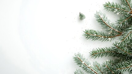 Obraz premium Minimalist White and Green Christmas Background with Pine Branches and Subtle Sparkles, Featuring Ample Space for Custom Invitations or Festive Marketing