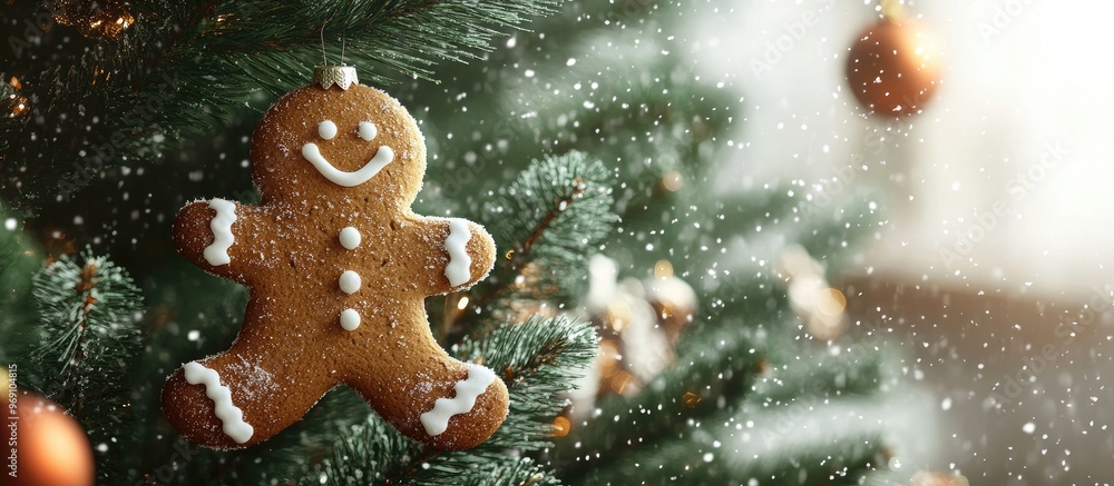 Poster Gingerbread man ornament on a Christmas tree with snow falling. with copy space image. Place for adding text or design